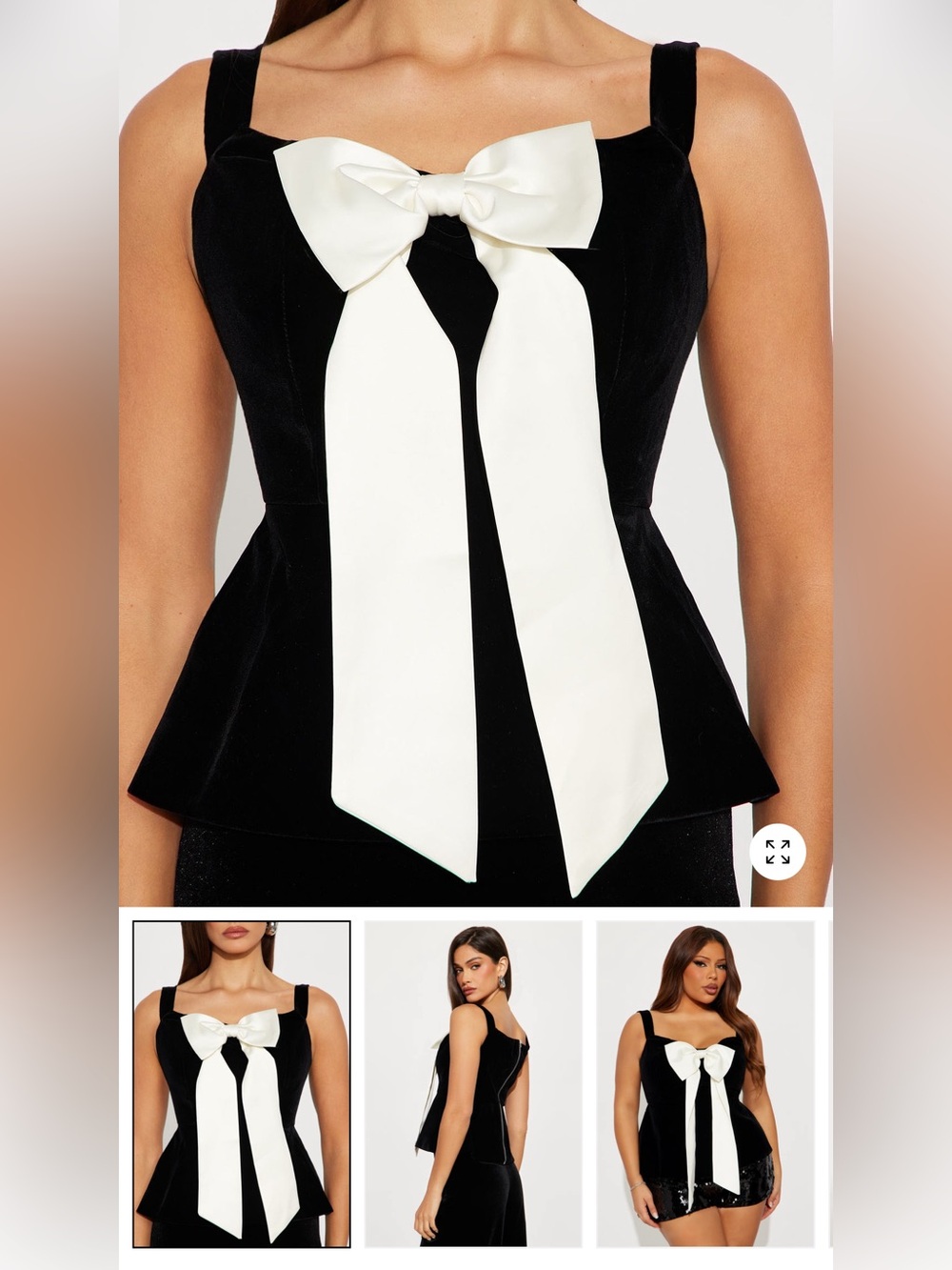 Fashion Nova Black Velvet Peplum Camisole with White Bow